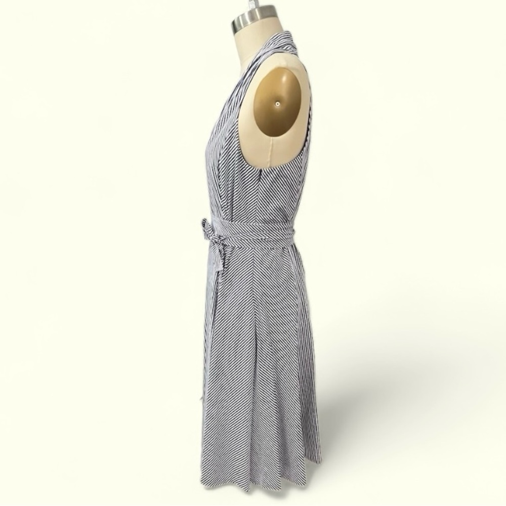 Blue and white racerback pinstriped sundress, full skirt belted tie waist - Picture 3 of 5